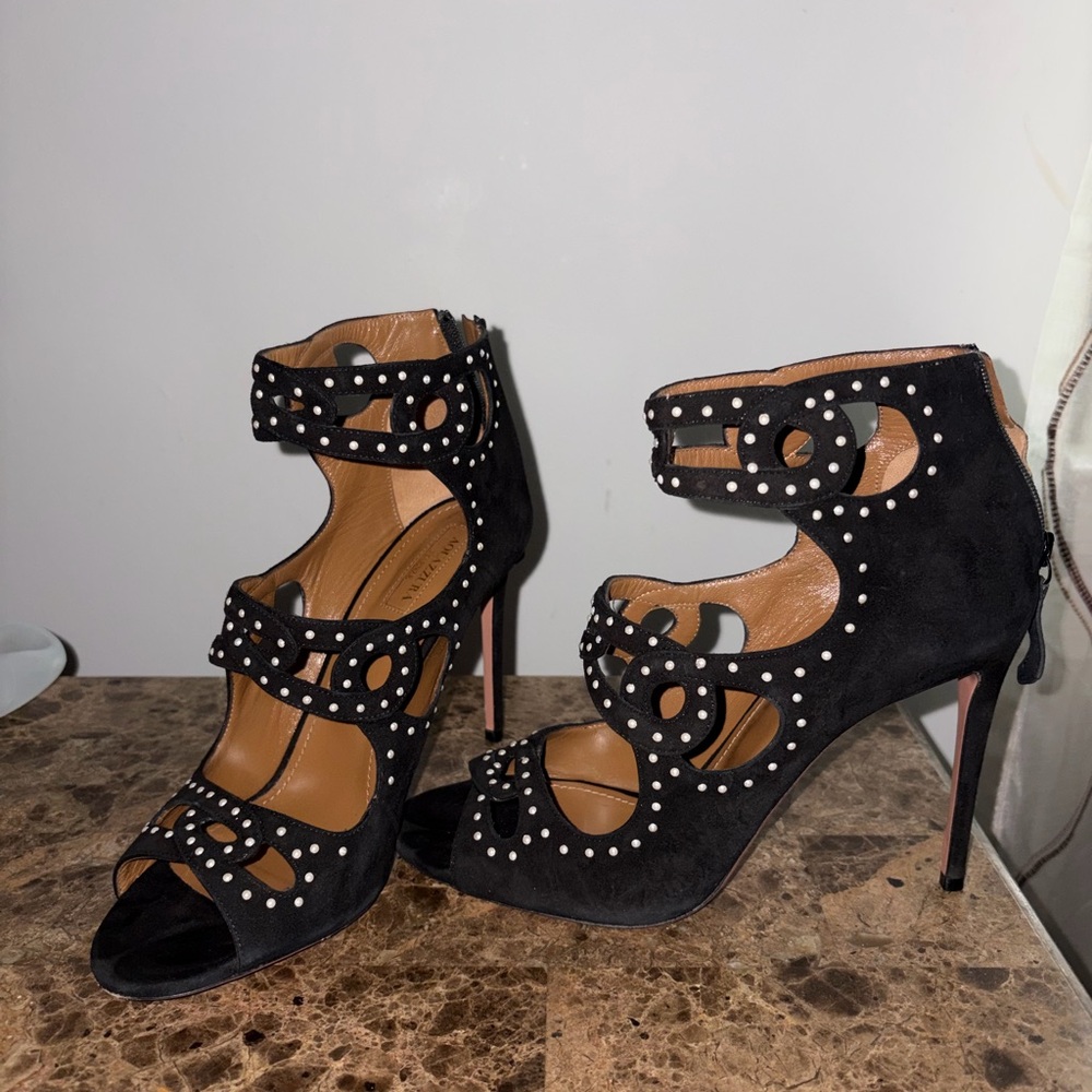 Aquazzura Black Suede Studded Heels